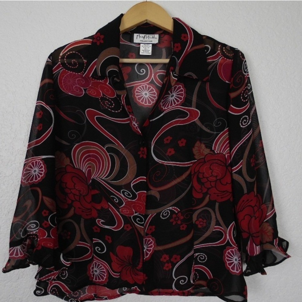 Mary McFadden Collection Women's Sheer Blouse SZ 8 Black‎ Red Floral Lightweight